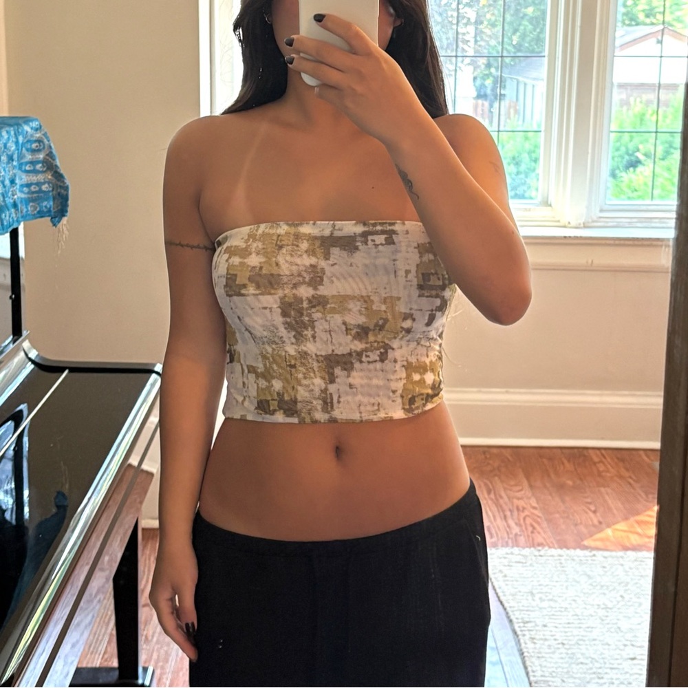 Tiger Mist Green Patterned Strapless Bandeau Tube Top
